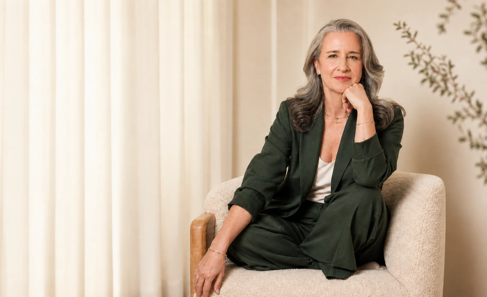Dr. Suzanne Gilberg seated in a cream armchair